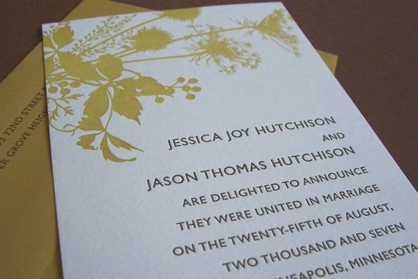 Custom-designed letterpress-printed wedding announcement featuring striking wildflower silhouette. Shown here in umber and sepia, but colors can be customized.