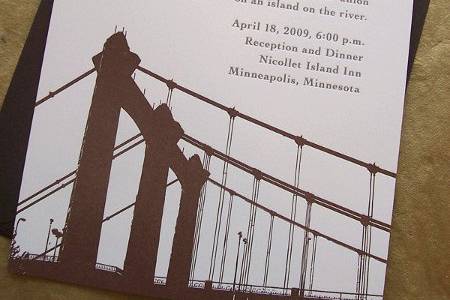 Custom-designed letterpress-printed wedding invitation, featuring Minneapolis' famous Grain Belt Bridge.