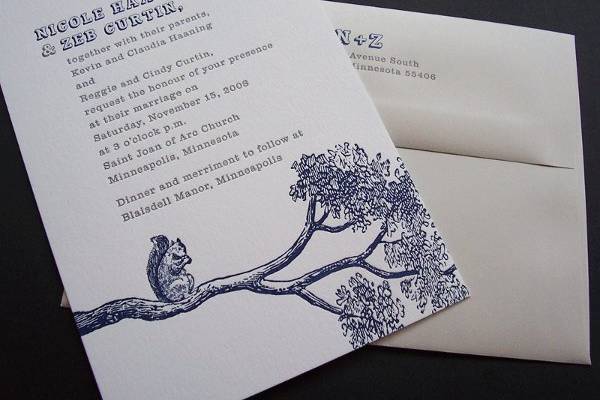 Custom-designed letterpress-printed wedding invitation, featuring bold typography and a playful squirrel motif. Color scheme can be tailored to suit your affair.