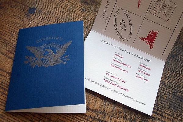 Custom-designed letterpress-printed save-the-date modeled after a US passport. Ideal for international affairs!