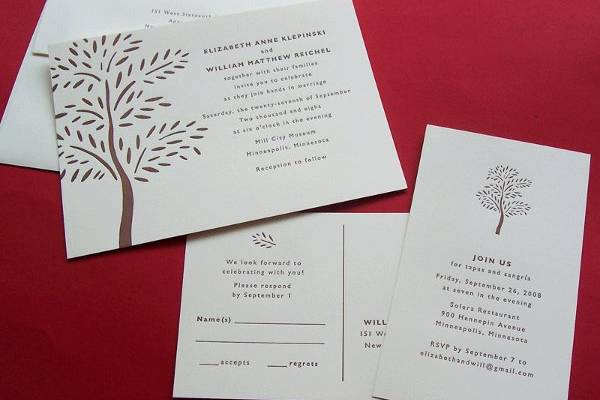Custom-designed letterpress-printed wedding invitation featuring a simple tree.