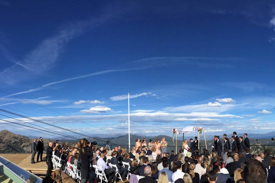 Panorama of beautiful Squaw Valley High Camp from our seats providing the ceremony tuneage