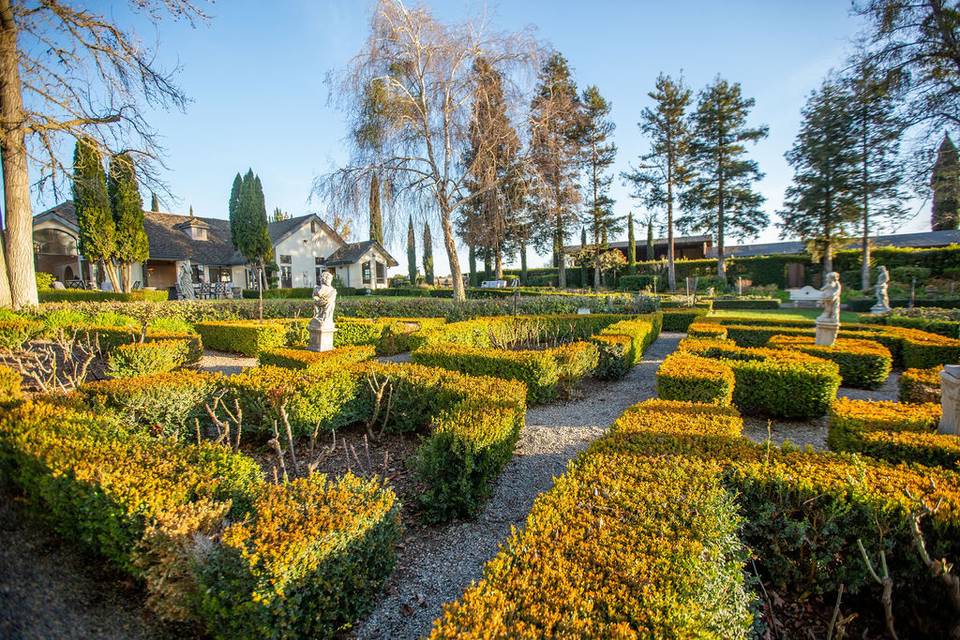 Manicured European rose garden