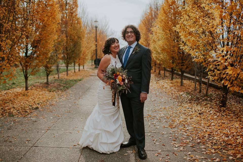 Bride & Groom in the fall.