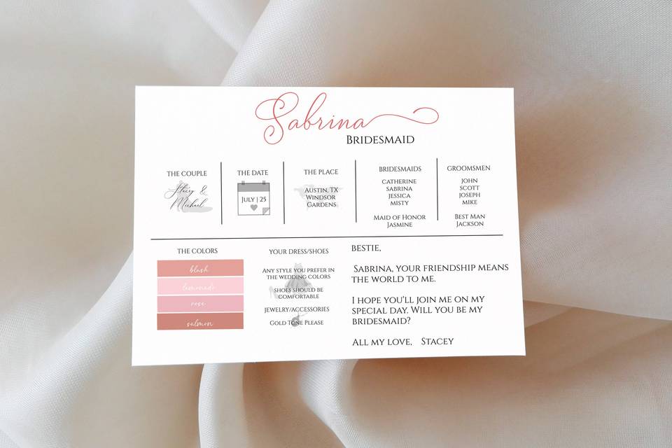 Sample Bridesmaid Info Card