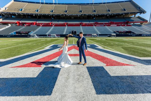 Wedding portrait on the sports field