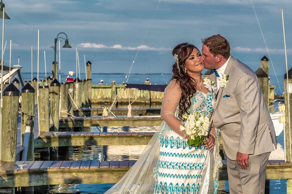 Newlyweds on a dock