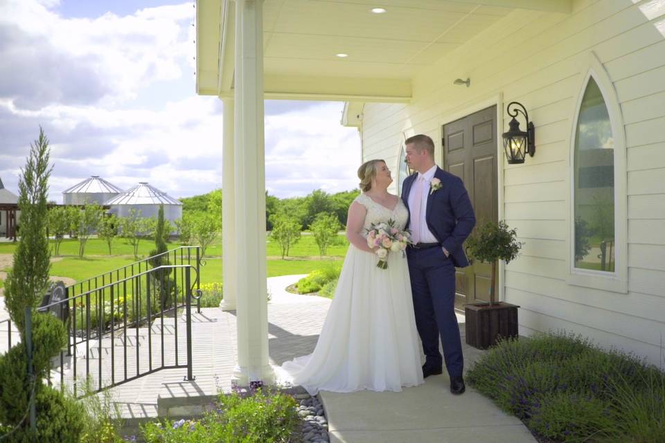 Couple posing on patio