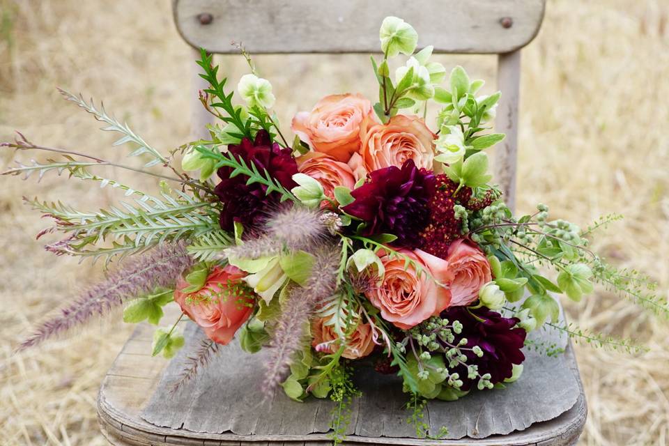 Burgundy and Peach Rustic Bridal Bouquet - Royal Bee Florals and Events