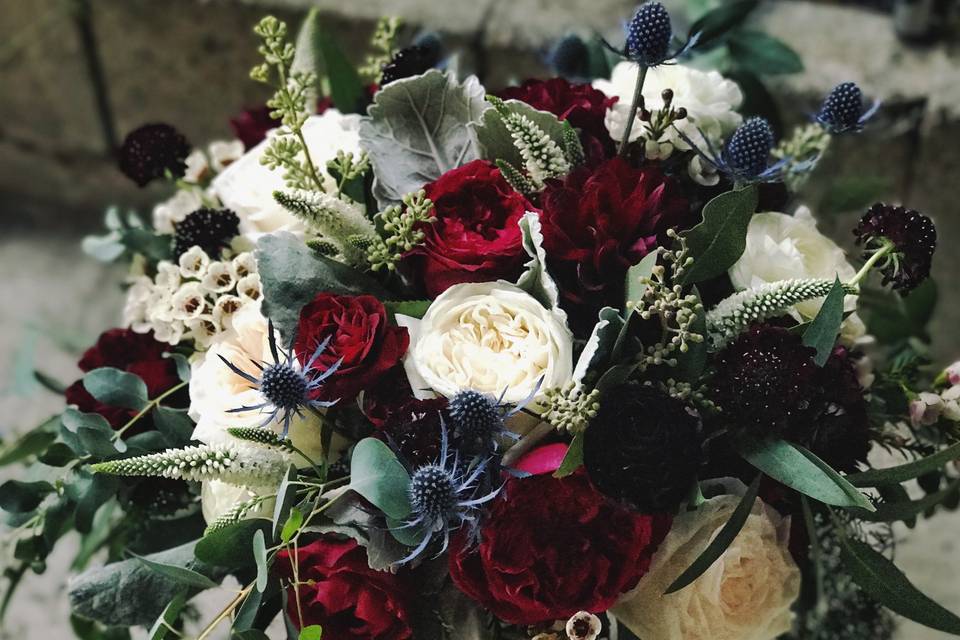 Burgundy, White and Blue dark and moody Bridal Bouquet - Royal Bee Florals and Events