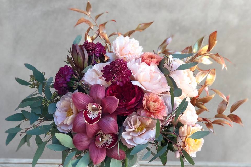 Burgundy and rose gold flower arrangement - royal bee florals and events