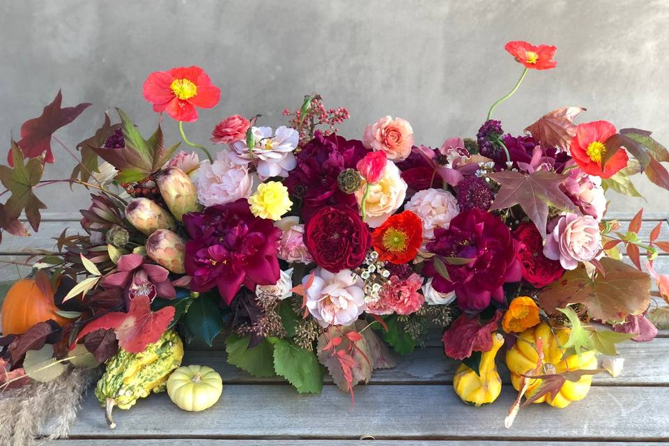 Burgundy and blush autumn sweetheart table arrangement - royal bee florals and events