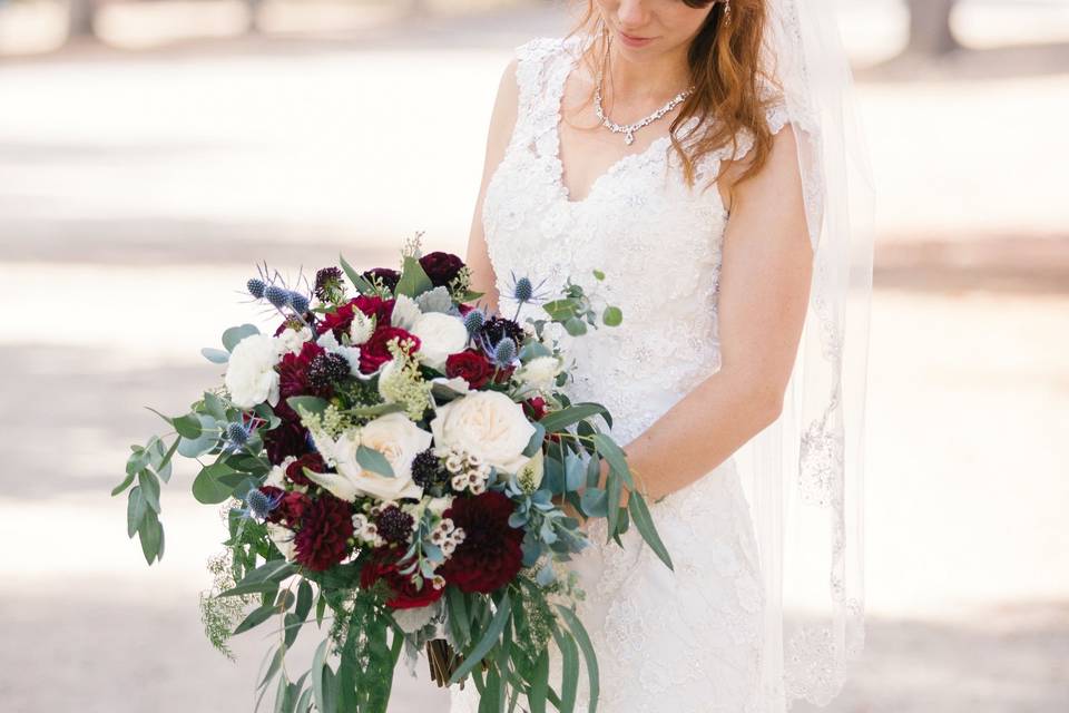 Burgundy, White and Blue dark and moody Bridal Bouquet - Royal Bee Florals and Events