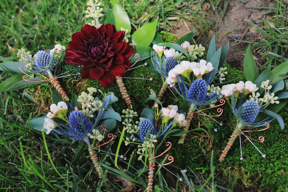 Blue thistle and burgundy dahlia boutonnieres - royal bee florals and events