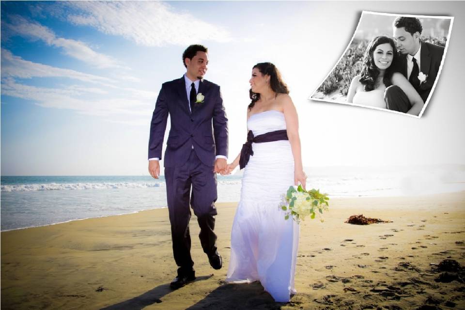 Wedding couple walking along sandy beach with blue ocean in background. Inset photo of couple in black and white.