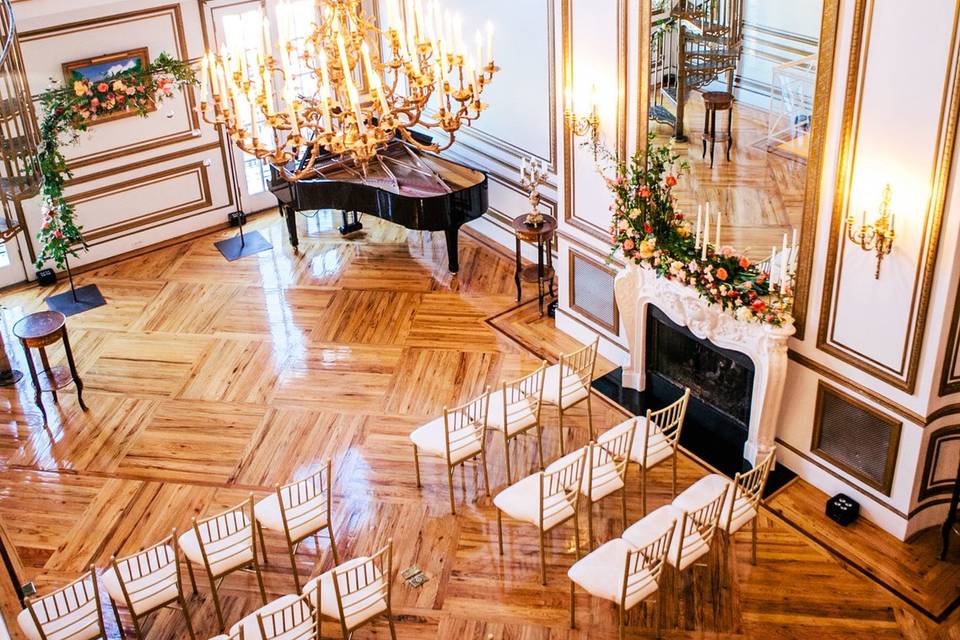 A view of the Grand Salon set up for a wedding ceremony