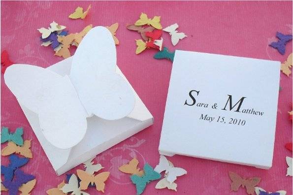 Plantable butterfly confetti in a butterfly favor box.  Favor boxes available in white, yellow, blue, pink, yelllow or mint green.