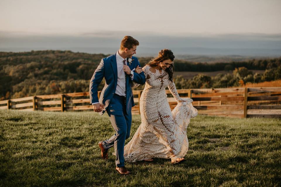 Bride and groom running