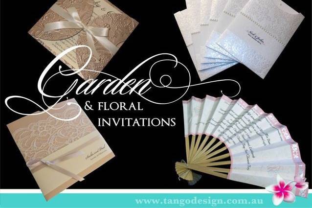 Garden or ourdoor wedding invitations with floral or fresh materials. Also suitable for spring or summer wedding themes.