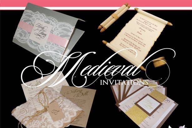 Medieval wedding invitations with including scrolls, elder papers and lace.