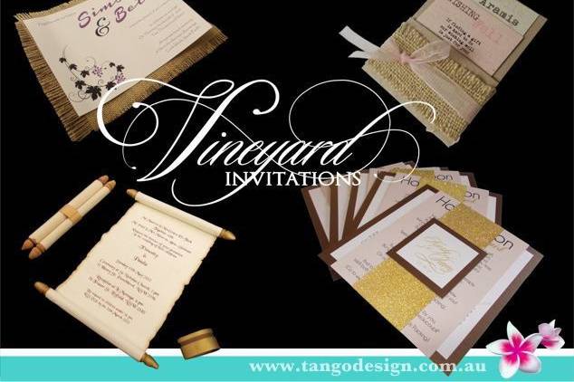 Vineyard wedding invitations with rustic materials. Also suitable for barn, shabby chic, boho or rustic weddings.