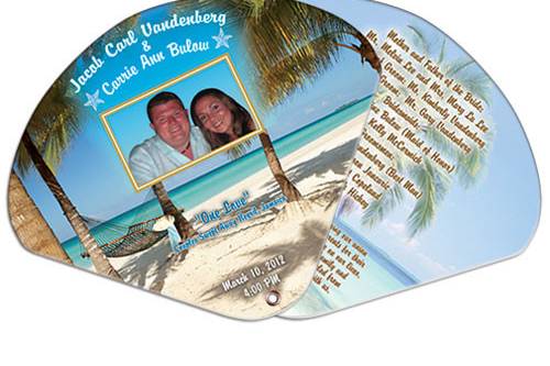 Expandable Two Part High Gloss Wedding Hand Fans : Two panels means double the space for your wedding message! Fans come printed in full color with your custom design.