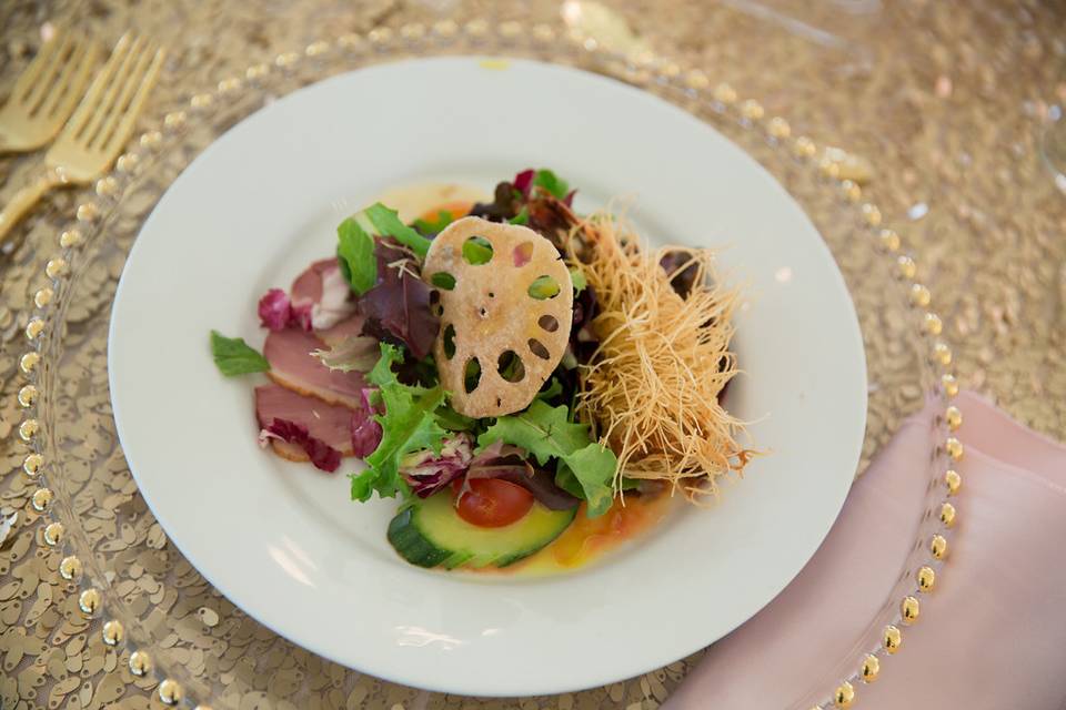 The first course:  Smoked Duck Breast Carpaccio and Kataifi Prawn Salad with Tangerine Vinaigrette, Rosted Beet, Yellow Tear Drop Tomatoes, English Cucumber, Poached Pear and Lotus Root Chips. Catering by Chef Chai.  Photo by Frank J. Lee Photography.  #neuevents #neueventshawaii