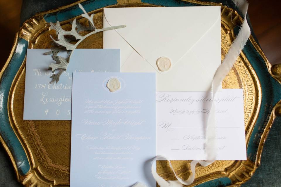 Blue and white classic invitation suite with wax seal