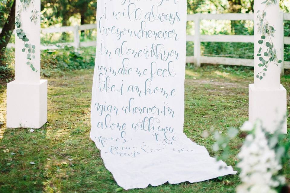 Hand painted modern calligraphy fabric ceremony backdrop