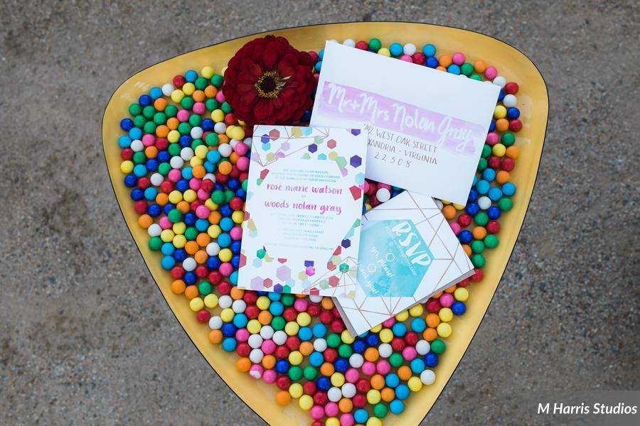 Modern and colorful geometric invitation suite
