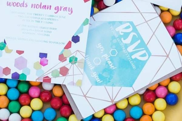 Modern and colorful geometric invitation suite