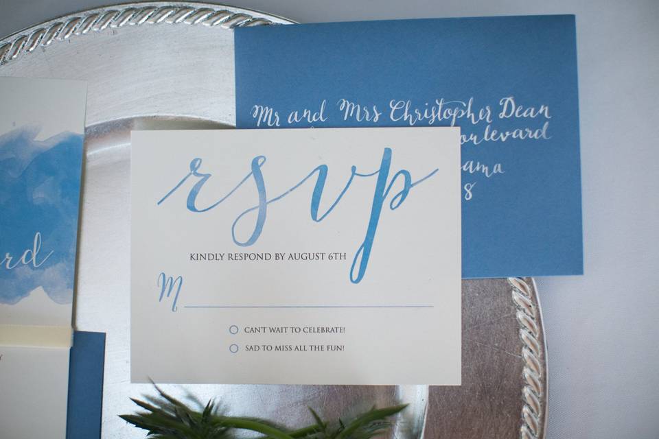 Blue and white rsvp and modern calligraphy