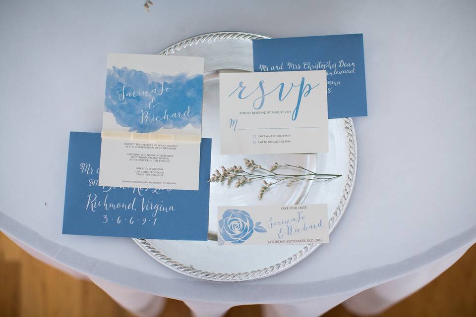 Sleeping Beauty inspired blue and white invitation suite