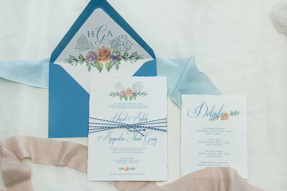 Southern blooms invitation suite and dusty blue envelopes