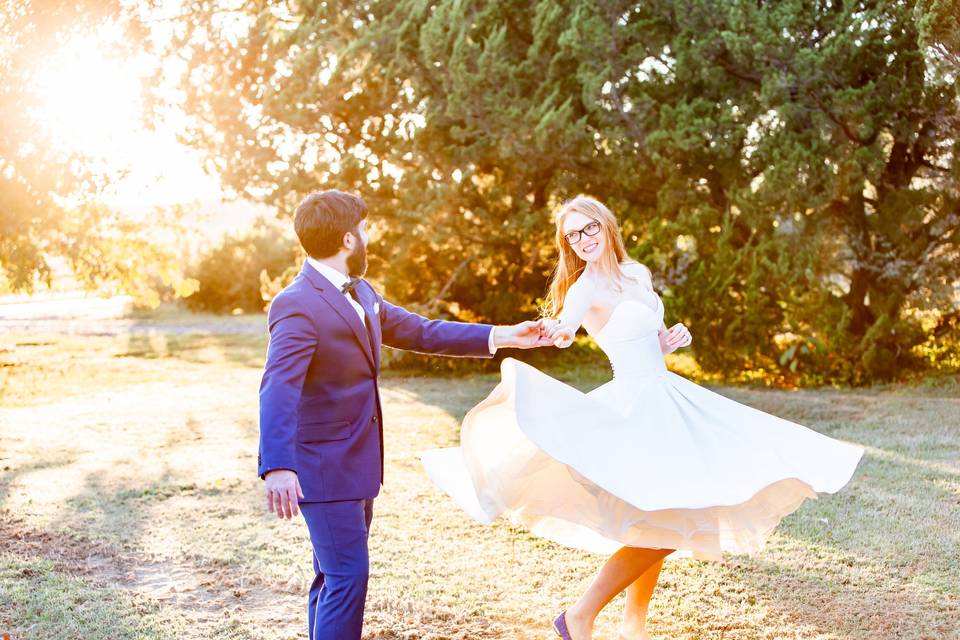 Bride and groom at sunset