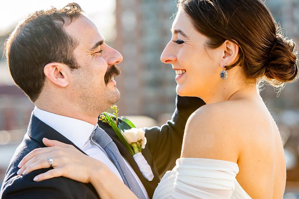 Bride and groom smiling