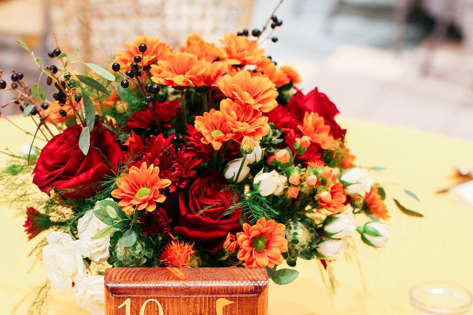 Table number and floral centerpiece