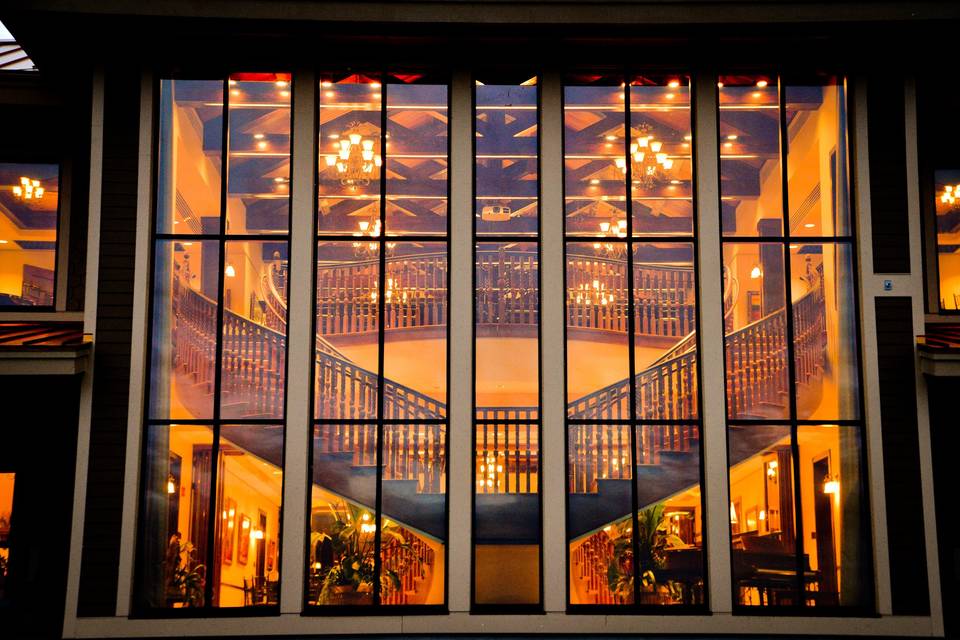 Two story window walls gives perfect view of the lake