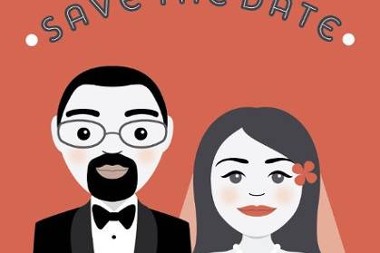 For our Save the Date card, we created custom illustrations of the bride and groom, including the bride's gown and the groom's tuxedo, using photographs for reference.