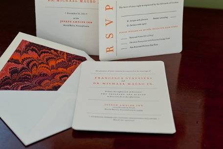 2-color lettepress printed invitation with hand marble envelope liner