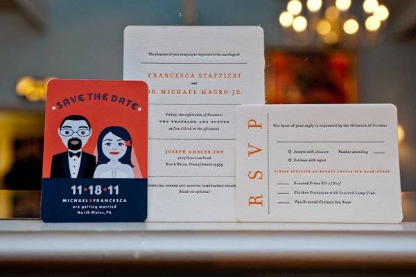 2-color letterpress printed invitation and RSVP card with Save the Date