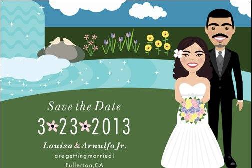 Custom illustrated save the date using digital photographs of the bride and groom for reference, and incorporating elements of their venue and clothing