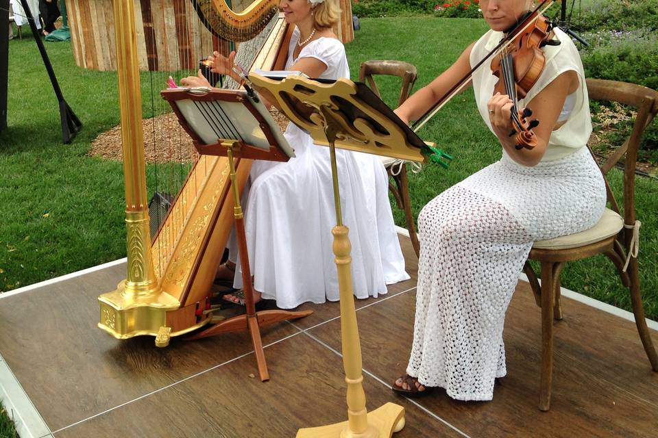 Harp and violin duo provide romantic music for a garden wedding ceremony at San Ysidro Ranch.