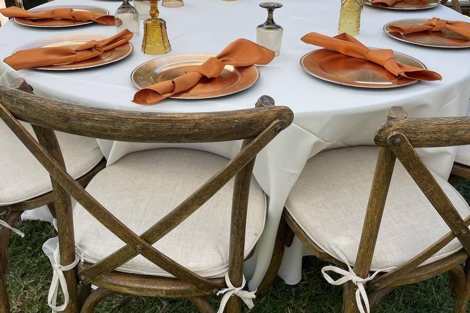 Farm Chairs, Gold Chargers