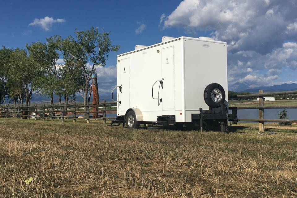 Portable luxury restroom at night