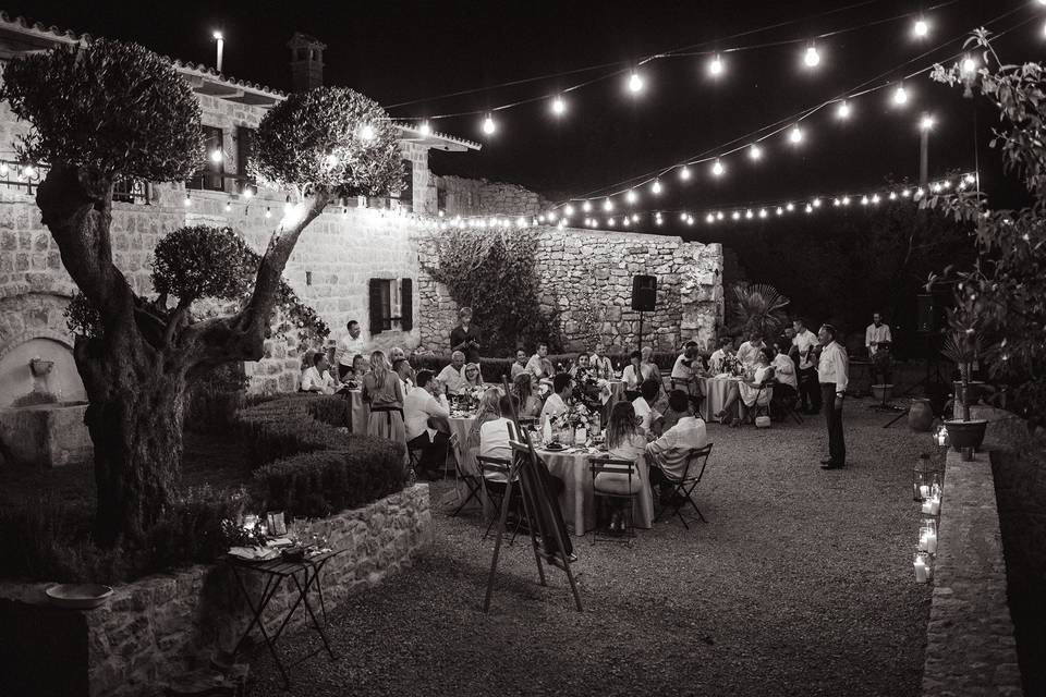 Garden reception with string lights