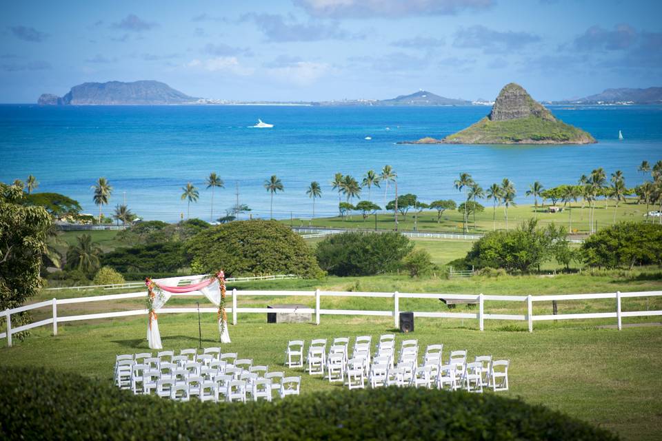 Kualoa Ranch Paliku Garden wedding Oahu Hawaii overlooking Kaneohe Bay and Chinamans Hat
