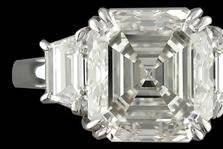 Custom 3 stone Asscher cut diamond engagement ring with two fancy cut side diamonds