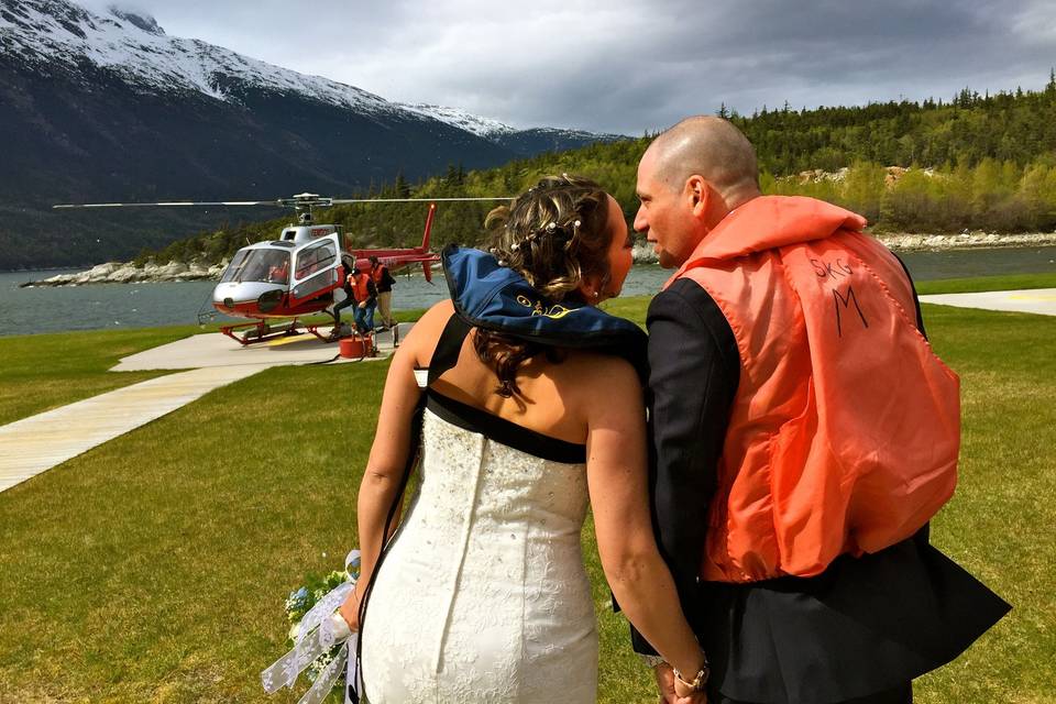 Waiting for the heli ride.Photo by Becky McGill Mull of Azure Alaska Weddings.