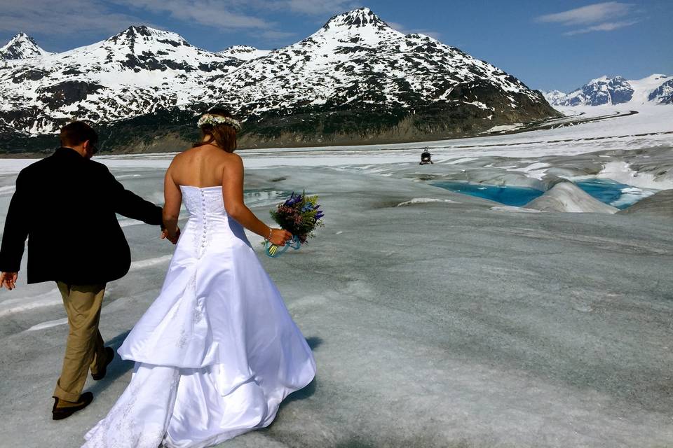 The helicopter awaits.Photo by Becky McGill Mull of Azure Alaska Weddings.